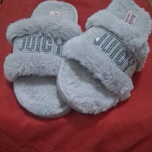 Juicy Couture Silver Fuzzy Slippers